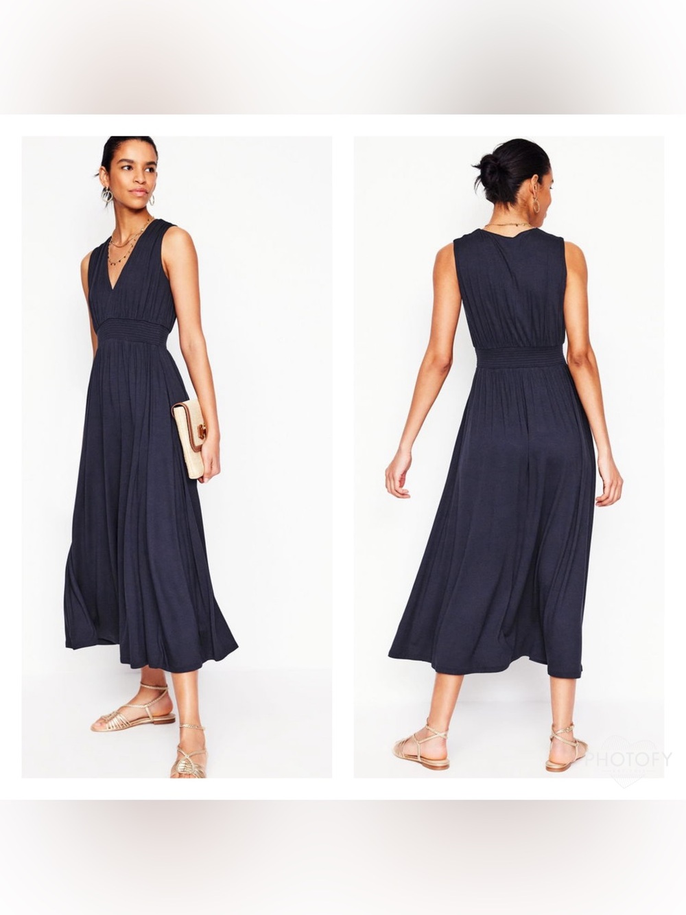 Boden Paloma Jersey Maxi Dress Sleeveless V-Neck Navy Blue Stretch Sz 12L